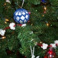 Ornament close-ups: popcorn garland, satin ball cover.
